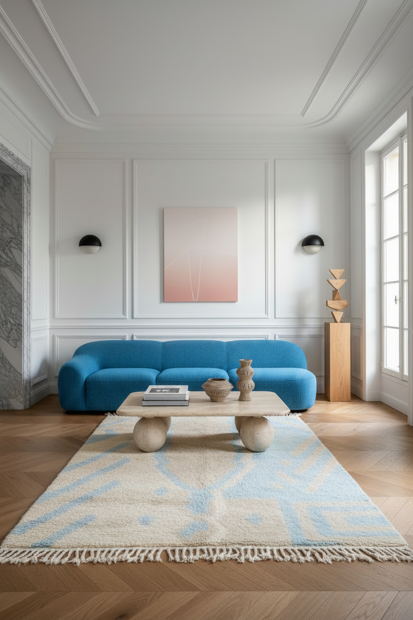 Modern living room with a blue sofa, blue shag rug, coffee table, and abstract painting on a white wall.