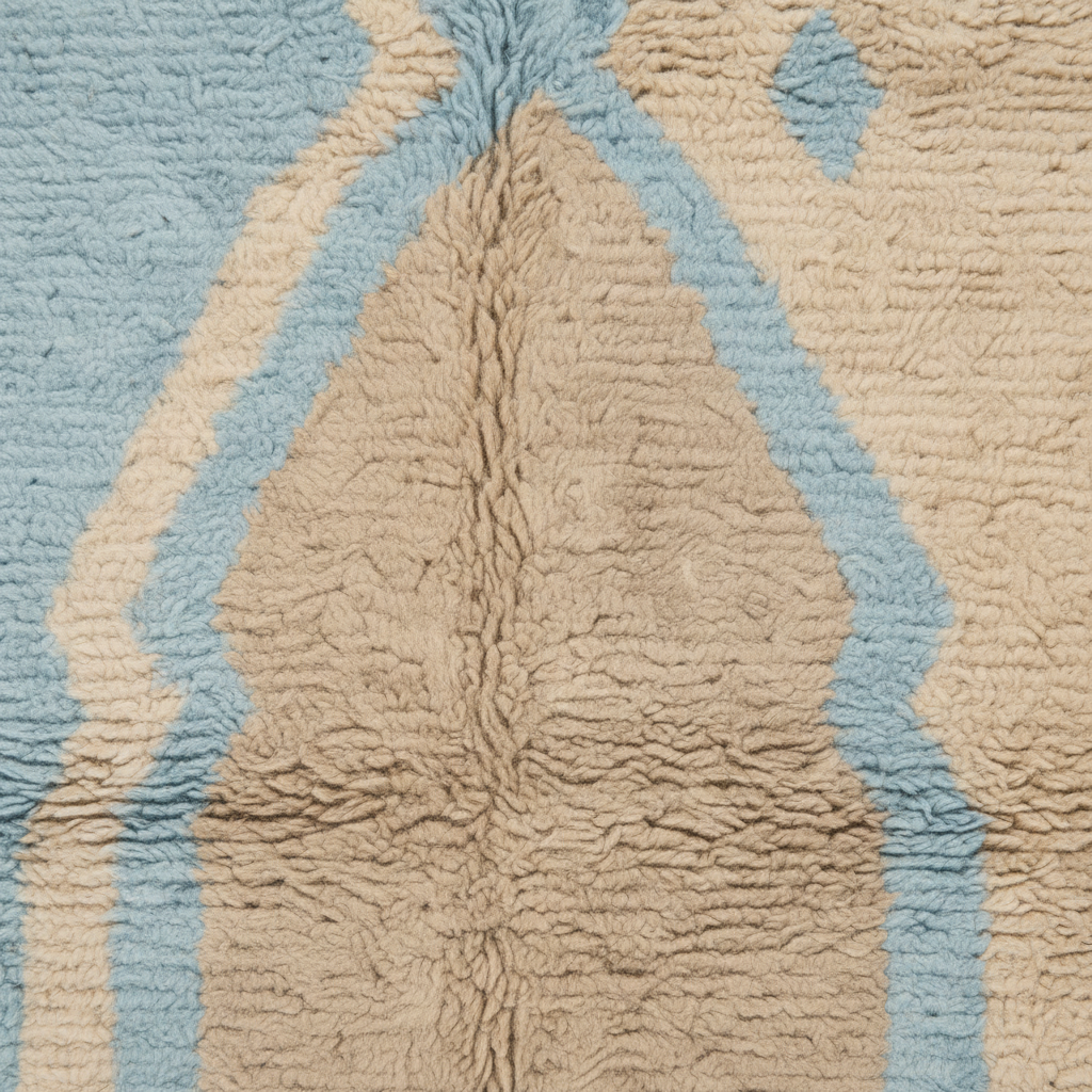 A close-up of a textured, loop-pile rug featuring a central beige chevron pattern flanked by light blue and cream zigzag stripes.