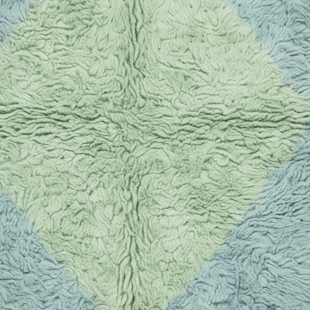 A close-up of a textured, looped fabric product, likely a blanket or throw, featuring a central pale sage green diamond shape bordered by light blue sections.