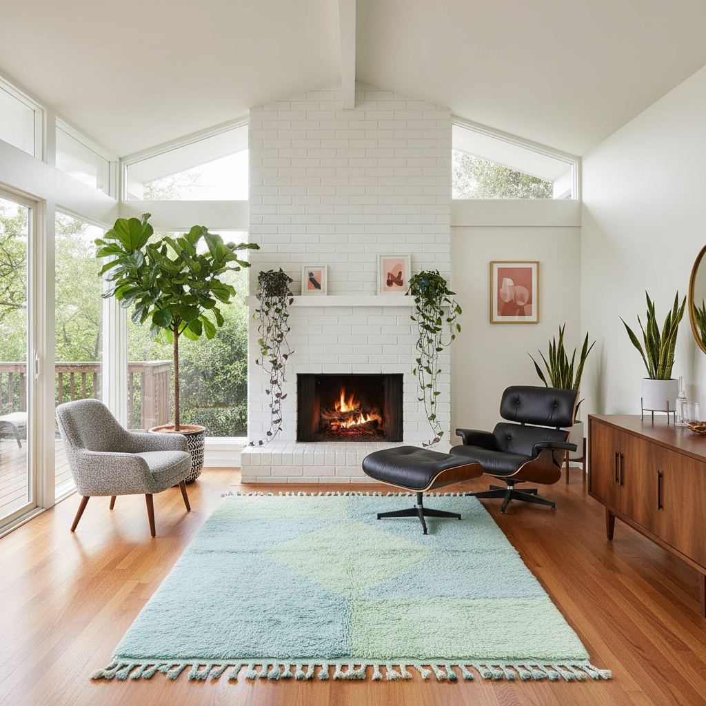Modern living room with a fireplace, chairs, and a green and blue shaggy rug.