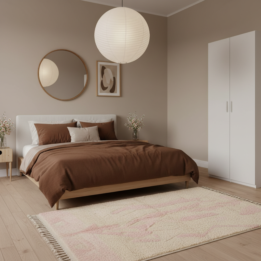 A modern bedroom scene featuring a bed dressed in brown bedding, a white wardrobe, a round pendant light, and a pink and cream patterned rug on a light wood floor.