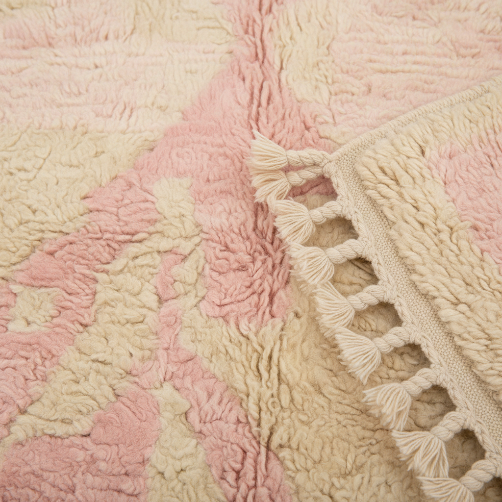 A close-up of a textured area rug with a soft, shaggy pile in alternating dusty pink and cream sections, finished with a cream-colored knitted border and tassel fringe.