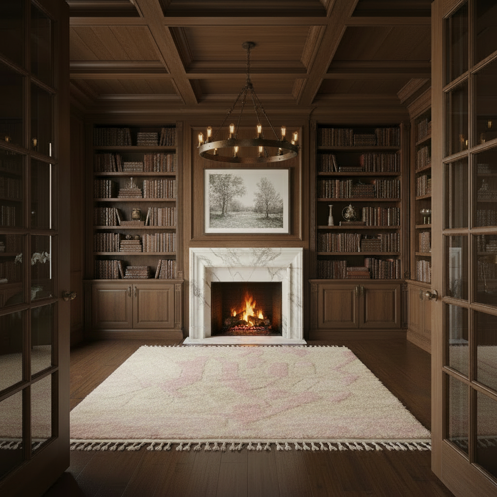 Cozy room with a fireplace, shag rug, bookshelves, and a painting on the wall.