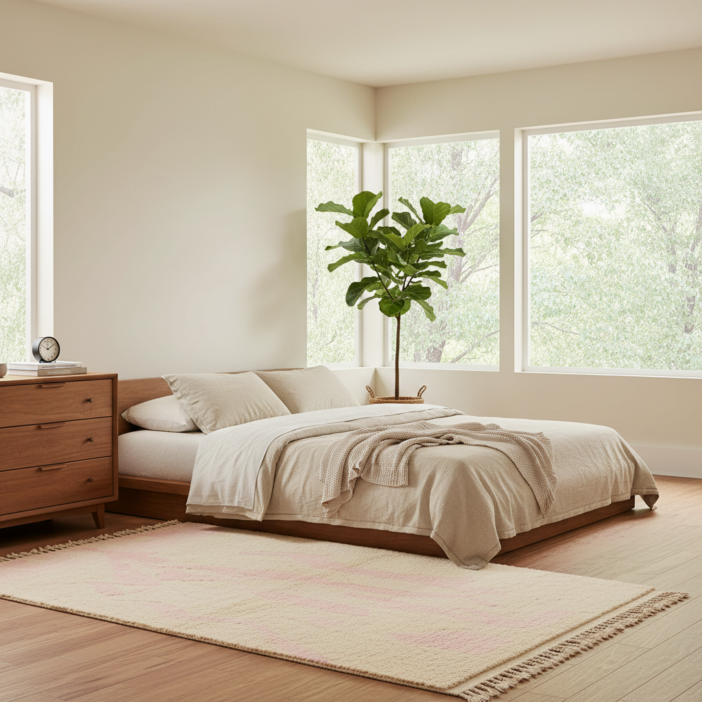 A minimalist bedroom scene with a low wooden bed dressed in cream bedding, a matching rug on the wood floor, a nightstand with a clock and books, and a tall green plant near large windows looking out to trees.