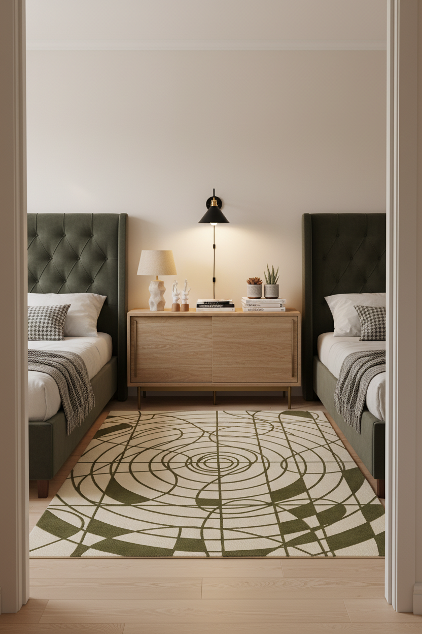 A modern bedroom scene viewed through a doorway, featuring two beds with dark green tufted headboards, a light wood nightstand, a black floor lamp, and a large cream rug with an olive green geometric spiral pattern.
