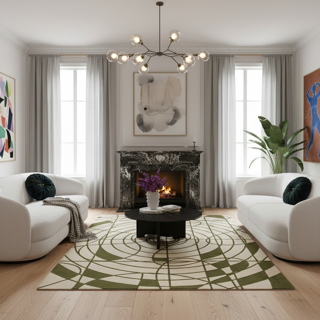 Modern living room with white sofas, green beige geometric rug, a fireplace, and decorative elements.