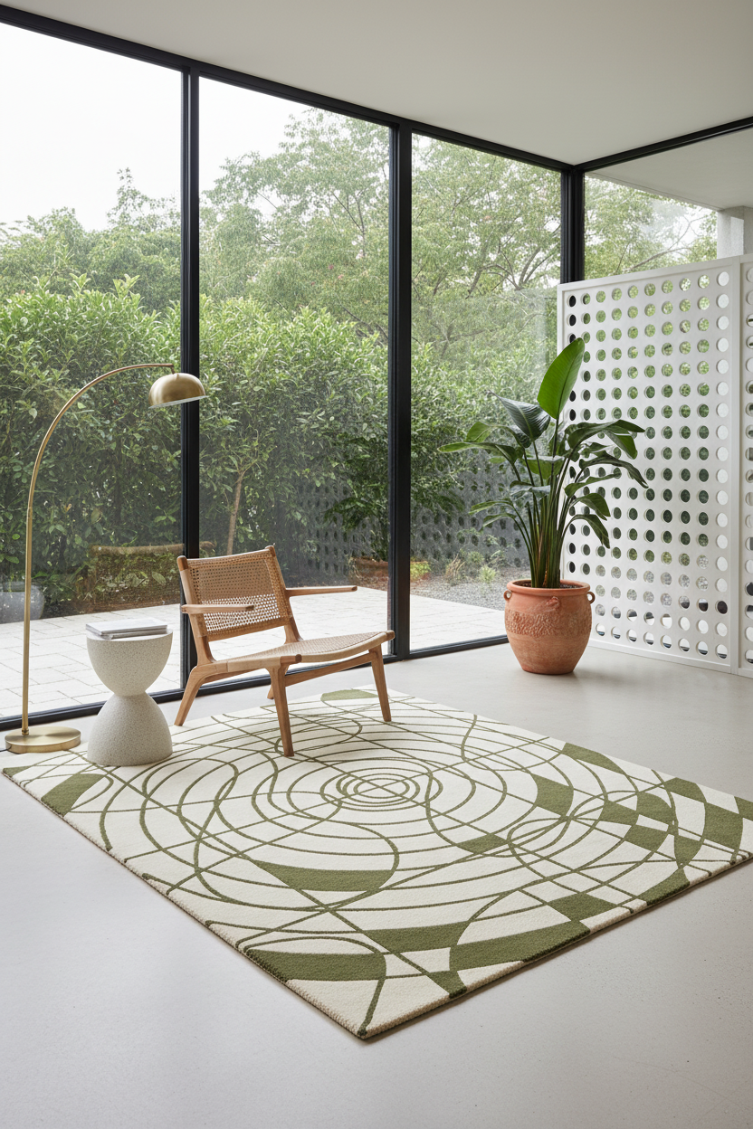 A modern area rug with an abstract green and cream geometric pattern, styled in a minimalist room with a wooden chair, floor lamp, and large windows overlooking greenery.