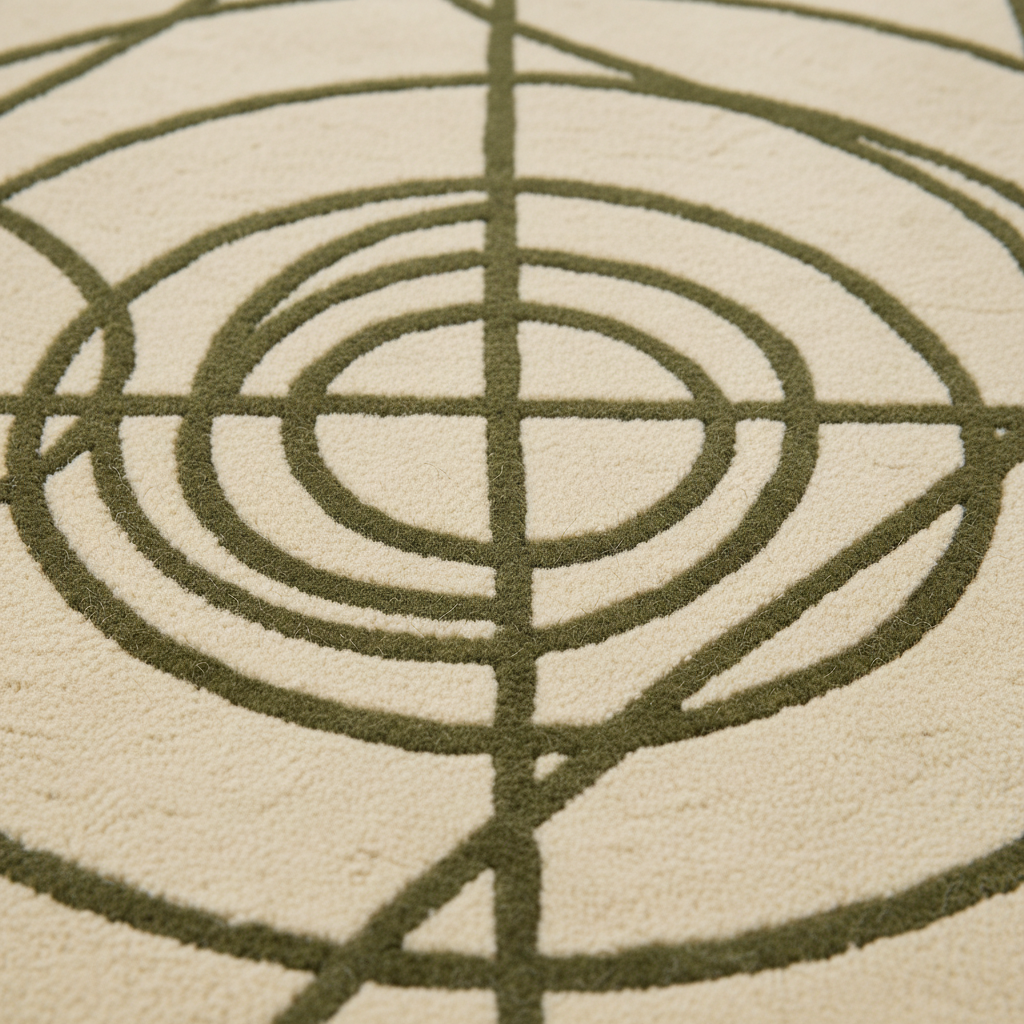 Close-up of a textured area rug featuring a geometric pattern with concentric circles and intersecting lines in olive green on a warm cream background.
