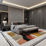 Modern bedroom with a large bed, side tables, and a colorful rug.