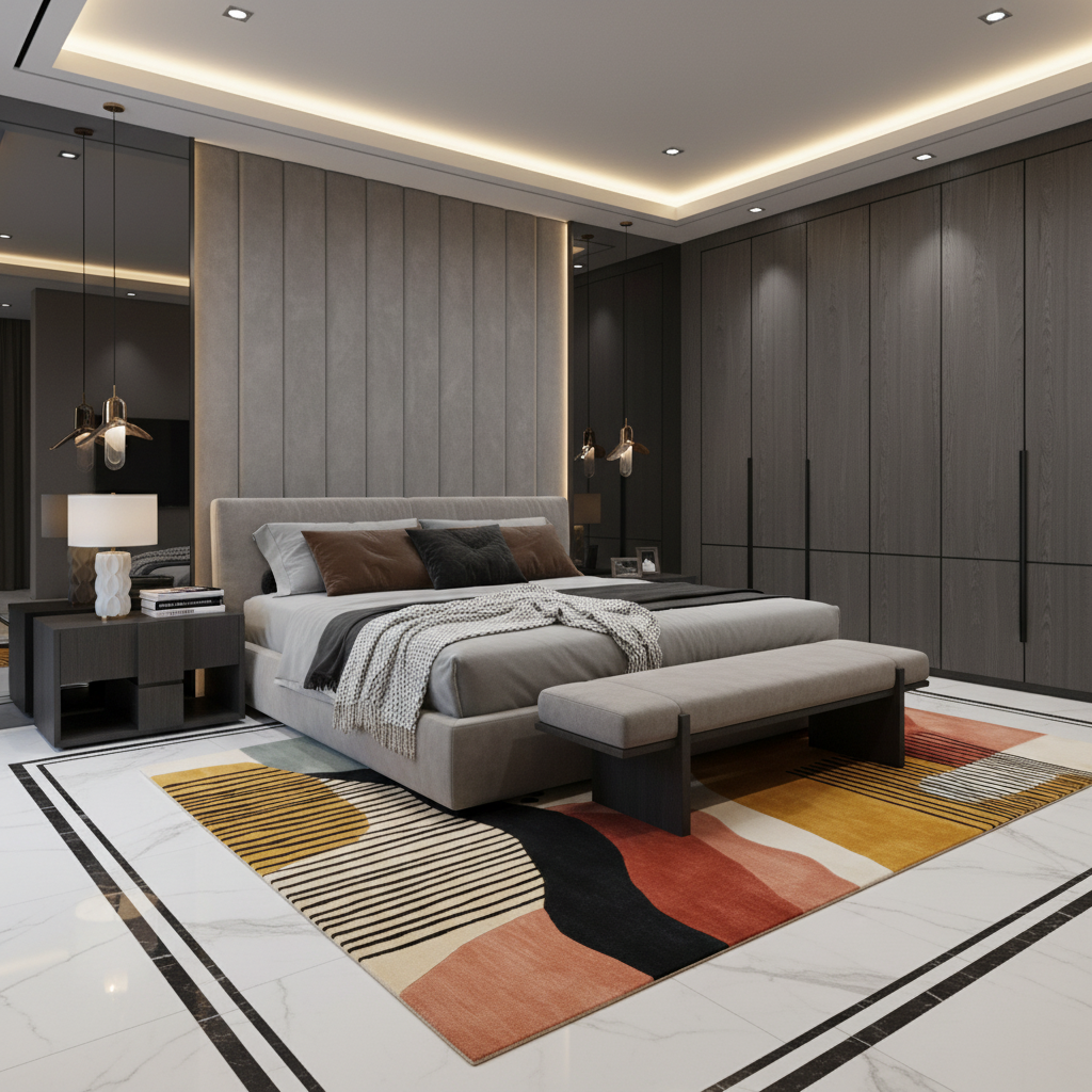 Modern bedroom with a large bed, side tables, and a colorful rug.