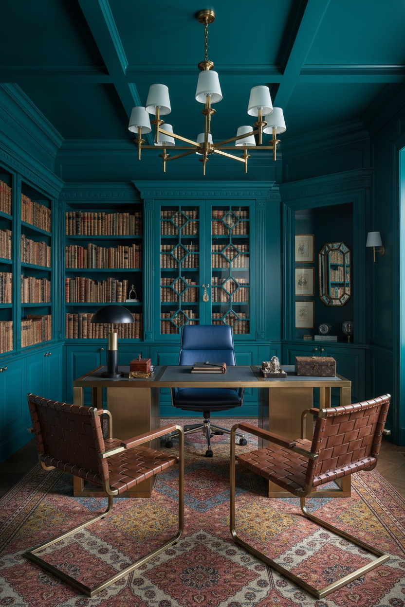 Luxurious office with teal walls, red rug, bookshelves, and a desk.