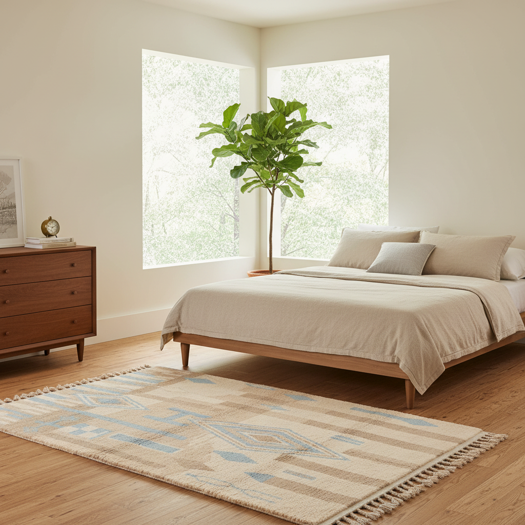 A styled bedroom interior featuring a bed with beige bedding, a wooden frame, a patterned beige and blue rug, a matching wood dresser, and a tall potted plant near two large windows.