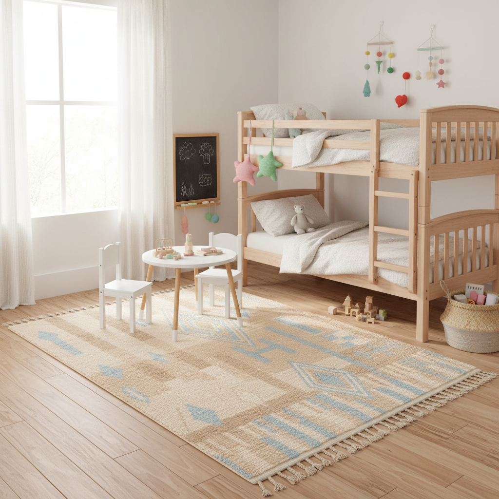 A styled children's bedroom featuring a light natural wood bunk bed, a matching small round table and chairs, and a large patterned area rug on a light wood floor. The room is decorated with pastel wall hangings, a small chalkboard, and toys.