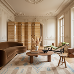 Luxurious living room with a brown sofa, beige shaggy rug , wooden coffee table, and decorative elements.