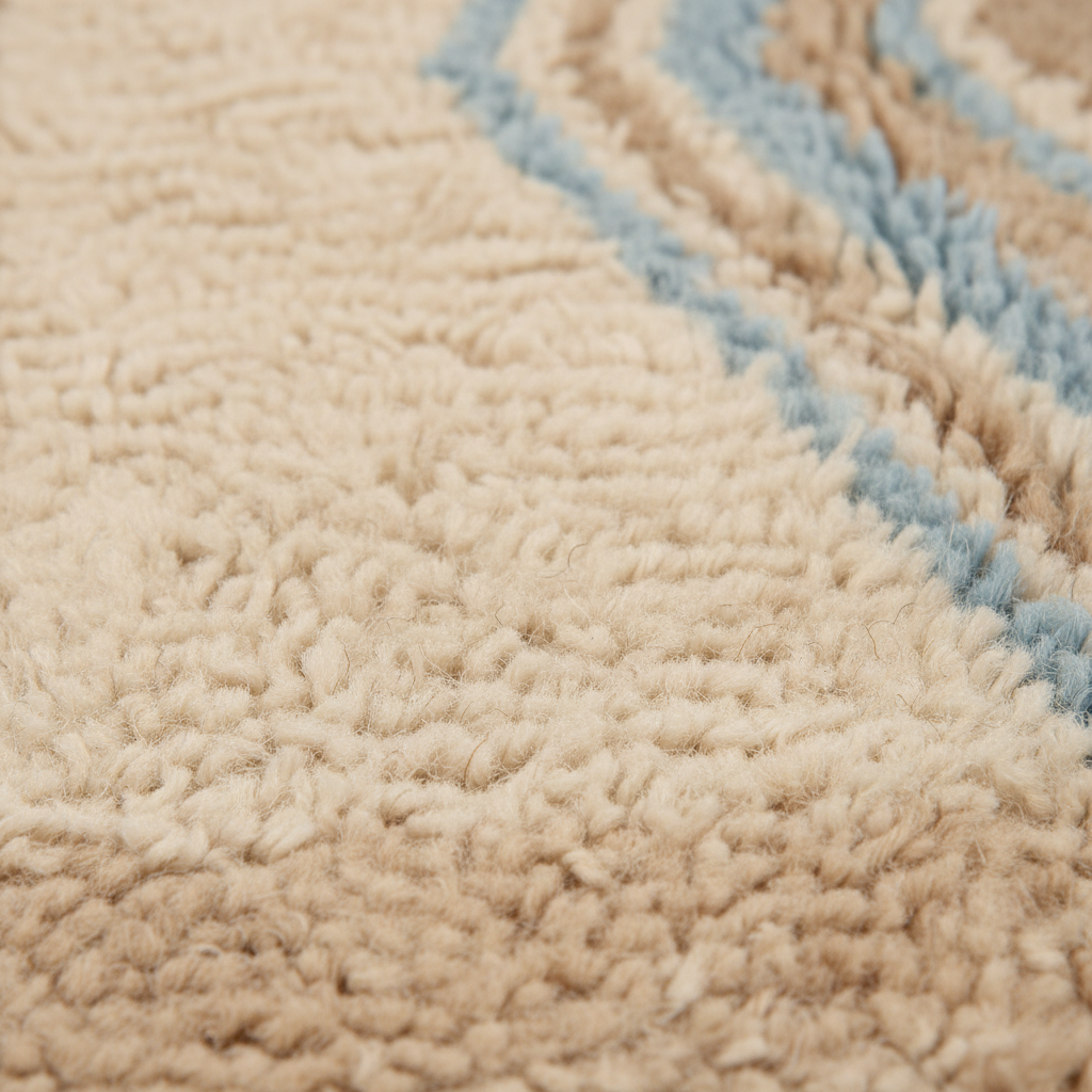 Close-up of a textured shag rug in cream and beige with a diagonal stripe pattern in light blue.