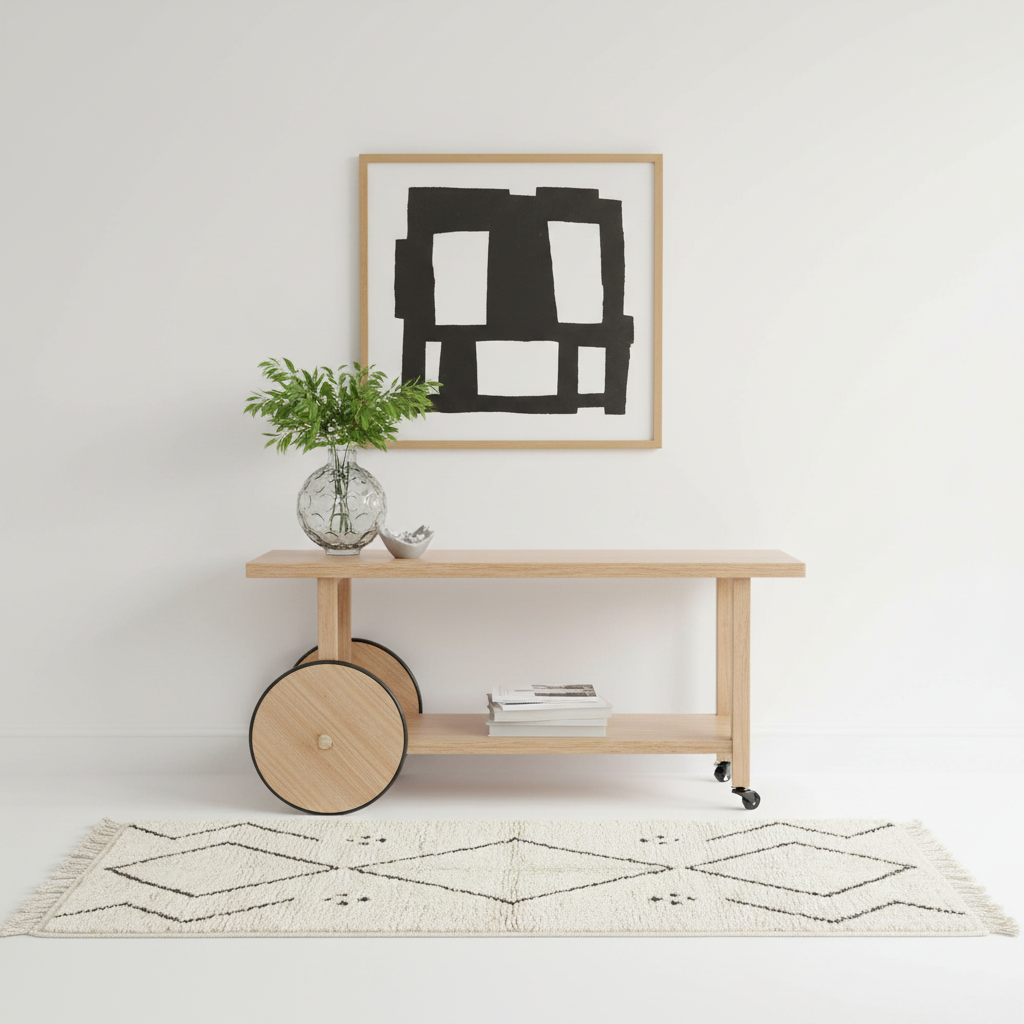 A light natural wood console table with two wheels and an open lower shelf, styled with a glass vase of greenery and books, set against a white wall with a framed abstract print above.