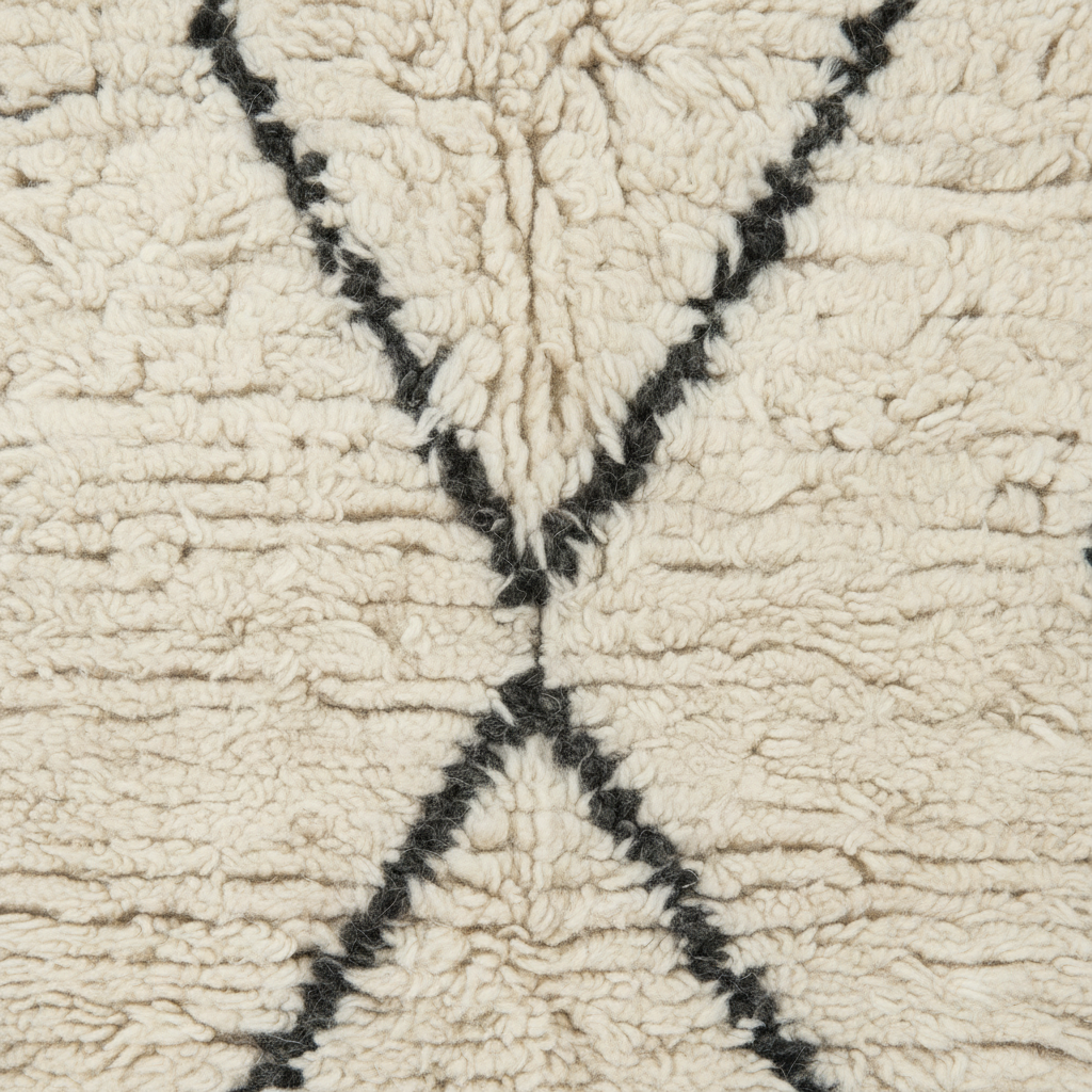 Close-up of a textured cream-colored rug with a black geometric line pattern.