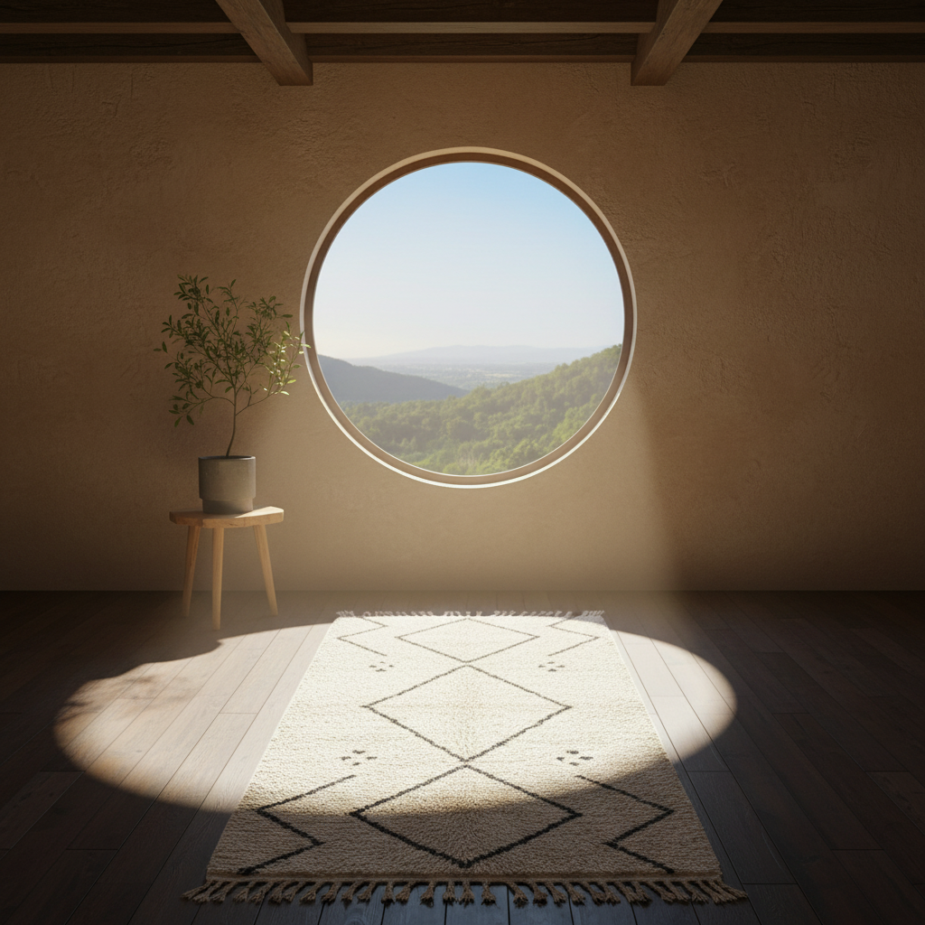 A styled interior scene with a round window looking out onto a green mountain landscape. A cream woven rug with black geometric lines and fringe lies on a dark wood floor in a sunlit circle, and a small wooden stool with a potted plant stands against the wall.