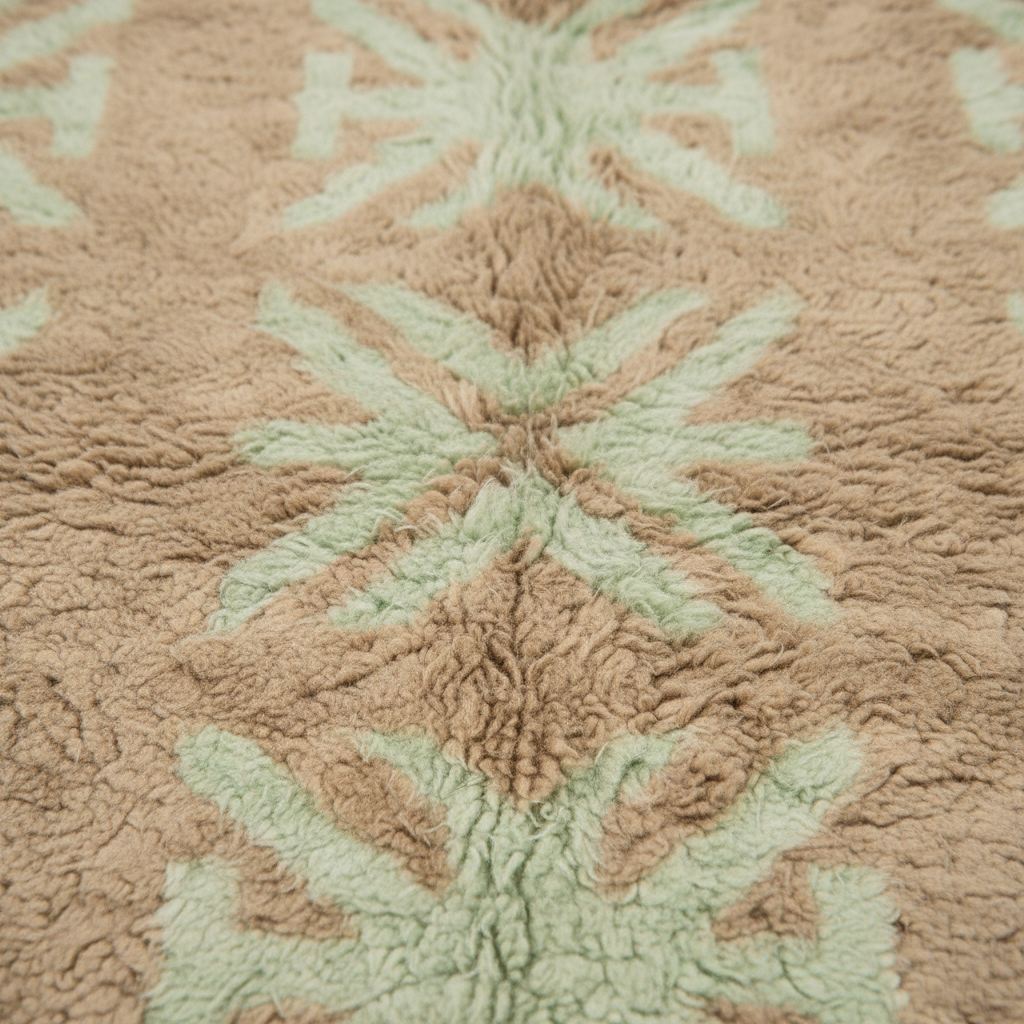 Close-up of a plush textured rug with a geometric pattern in light beige and pale sage green.