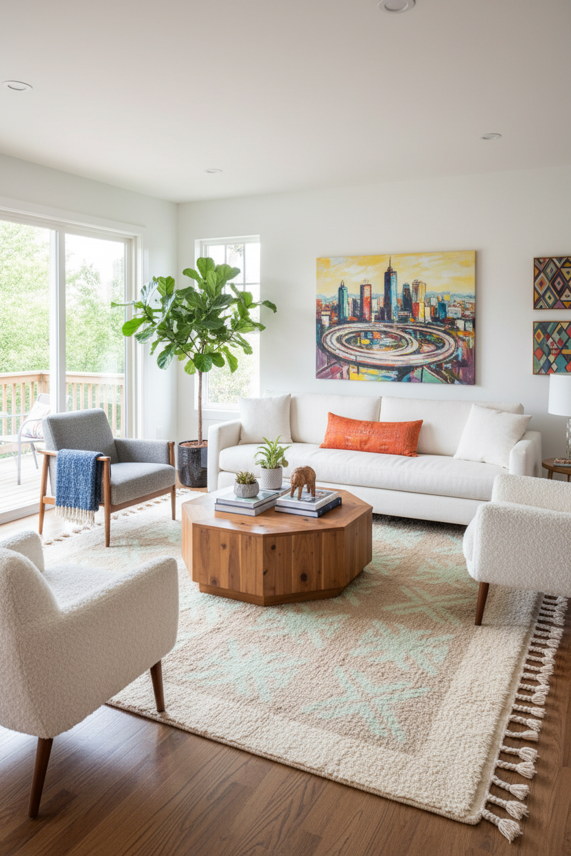 Modern living room with white sofa, armchairs, green and beige shaggy rug and a wooden coffee table.