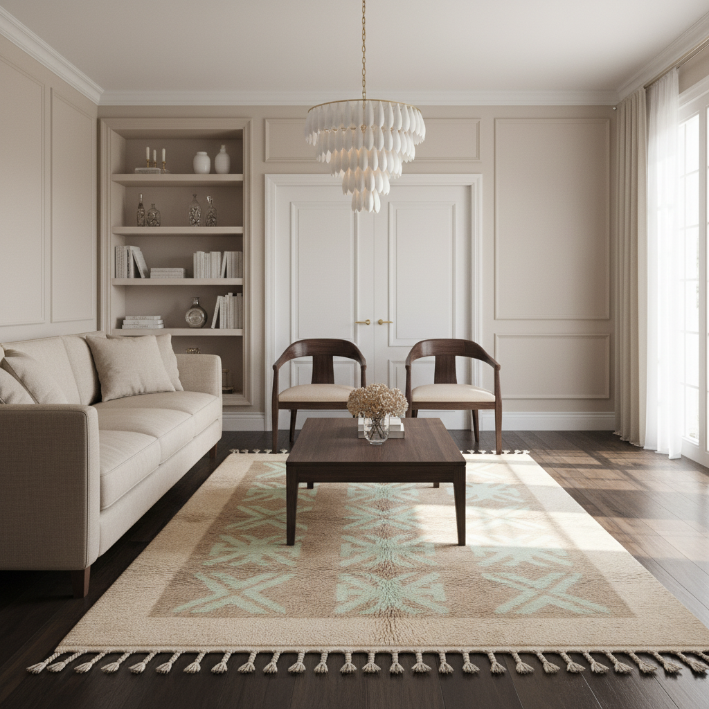 A beautifully styled living room featuring a light beige sofa, a dark wood coffee table, a large beige and mint green patterned area rug, two wooden armchairs, built-in shelves, and a modern tiered chandelier.