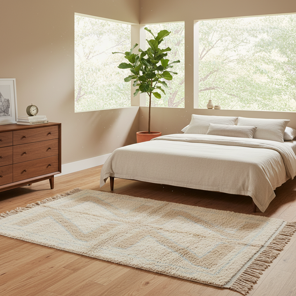 A styled bedroom scene with a bed dressed in white bedding, a cream woven area rug with fringe on a light wood floor, a wooden dresser, and a potted green plant near large windows.