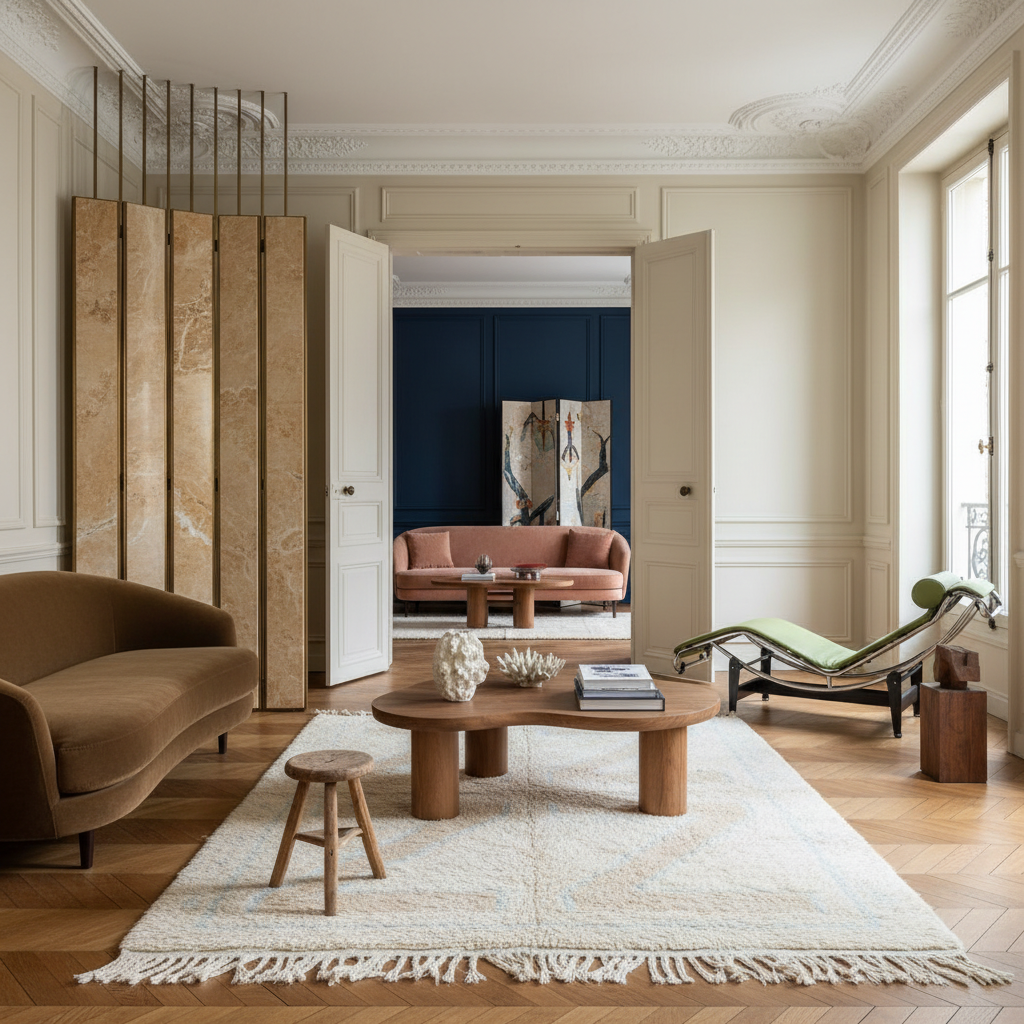 Modern living room with a wooden coffee table, beige sofa, shag rug, and a view into another room.