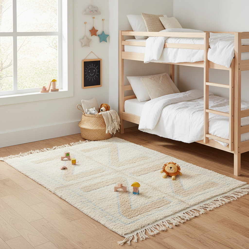 A light natural wood twin-over-twin bunk bed in a bright, modern children's bedroom, styled with white bedding, a cream patterned area rug with fringe, and small toys on the wooden floor.
