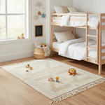 A light natural wood twin-over-twin bunk bed in a bright, modern children's bedroom, styled with white bedding, a cream patterned area rug with fringe, and small toys on the wooden floor.
