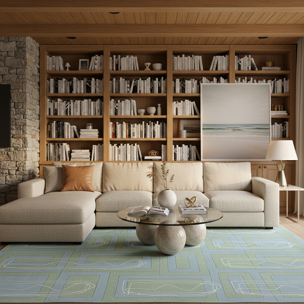 A staged living room interior featuring a large beige sectional sofa with a glass-top coffee table in front, set on a light blue and green geometric rug. Behind the sofa is a tall wooden bookcase filled with books, alongside a stone wall and a framed beach print. No people or animals are present.