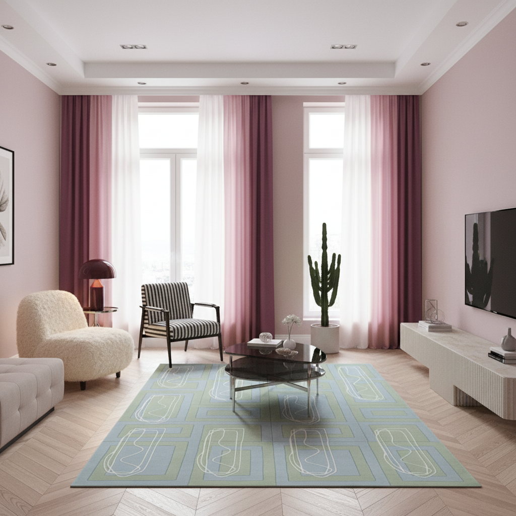 A modern living room with blush pink walls, pink and white curtains, a light blue and green geometric patterned area rug, a cream boucle armchair, and a black striped armchair near tall windows.