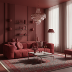 A luxurious living room featuring a dusty rose velvet sofa, a matching chandelier, a patterned oriental rug, and warm terracotta walls with decorative slats.