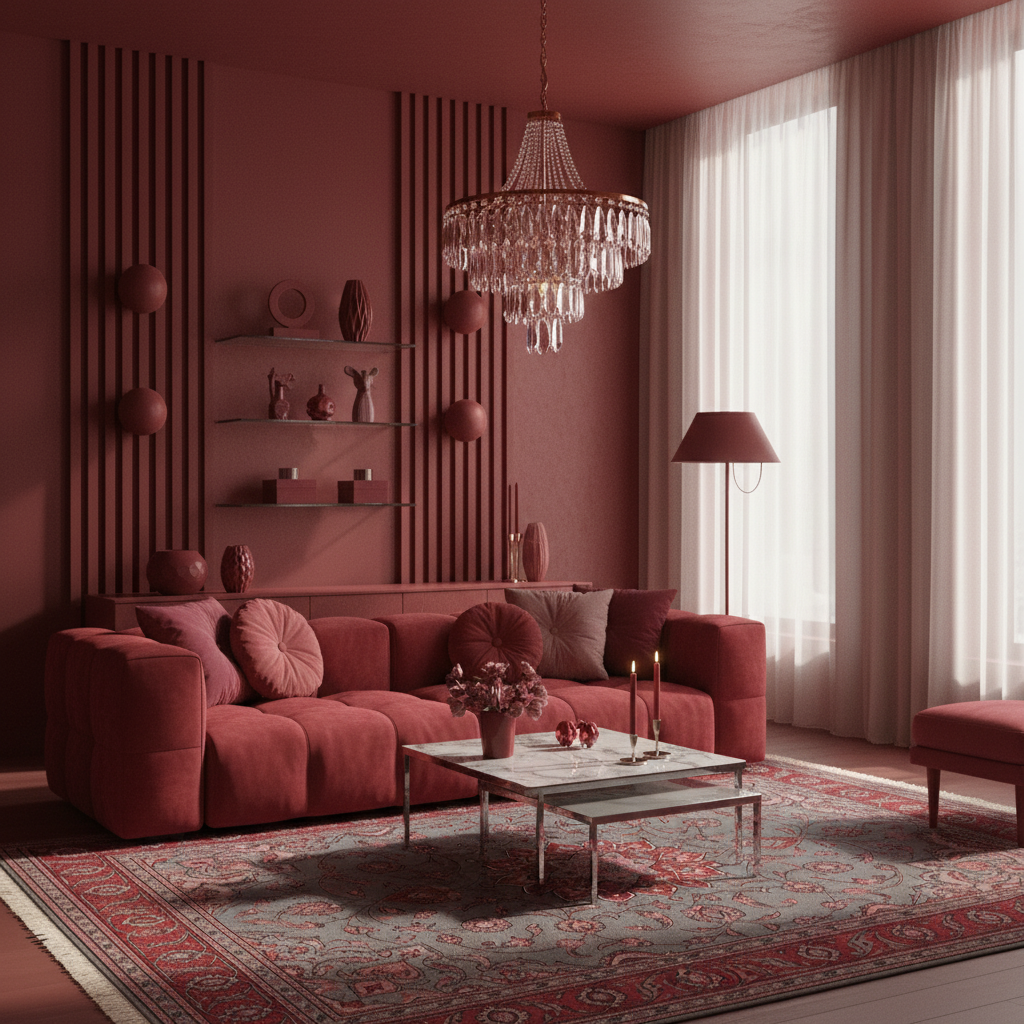 A luxurious living room featuring a dusty rose velvet sofa, a matching chandelier, a patterned oriental rug, and warm terracotta walls with decorative slats.