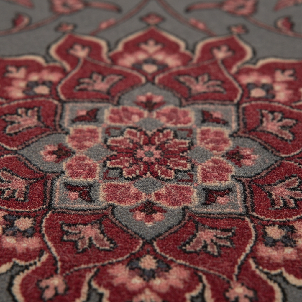 Close-up of a traditional patterned rug with a central medallion design in red, dusty pink, gray, and dark brown tones.