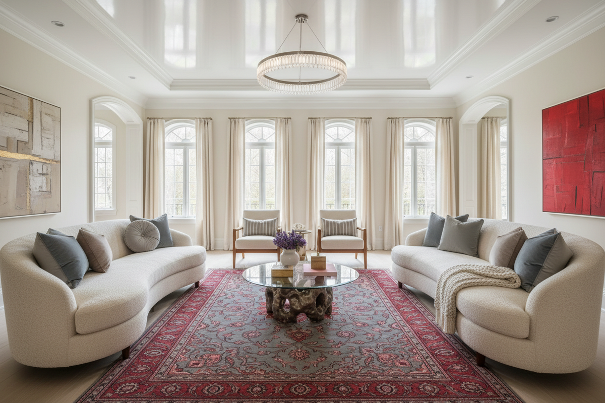 Modern living room with white sofas, a red rug,  coffee table, and decorative elements.