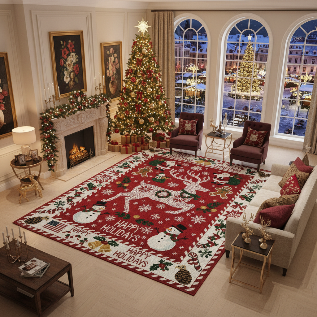 Living room decorated for Christmas with a large rug, tree, and festive decor. Large, hand-knotted Christmas rug featuring a central white knitted reindeer on a vibrant red field. The rug has a dense border displaying repeating holiday motifs like Santa Claus, snowmen, candy canes, pine cones, and the text "Merry Christmas" and "Happy Holidays." The overall style mimics a classic knitted or embroidered holiday sweater.