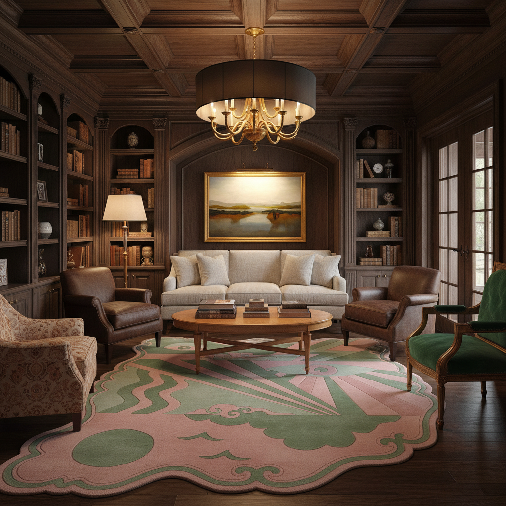 A luxury staged living room featuring a large, ornate scalloped area rug in pink and sage green with a fan-like design. The room is styled with a cream sofa, brown leather armchairs, a wooden coffee table, dark wood bookshelves, and a large black chandelier.