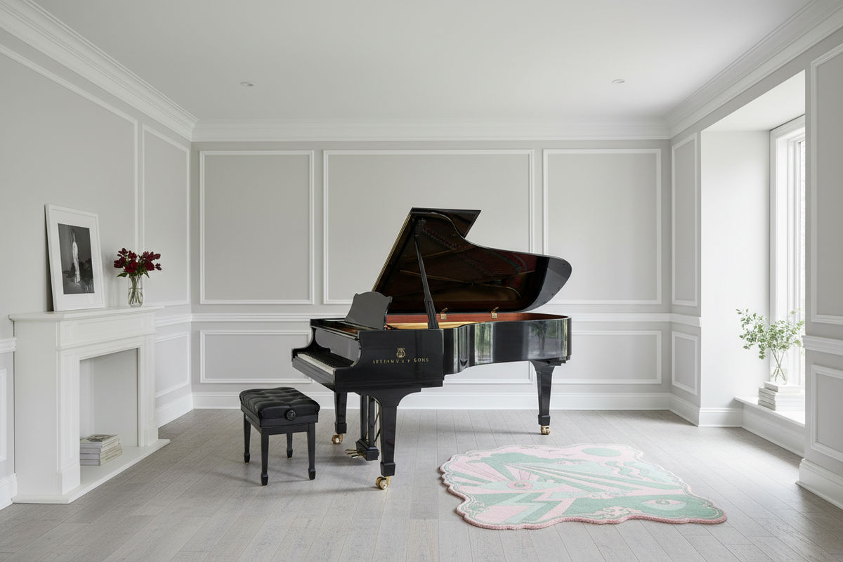Black grand piano in a white room with decorative rug