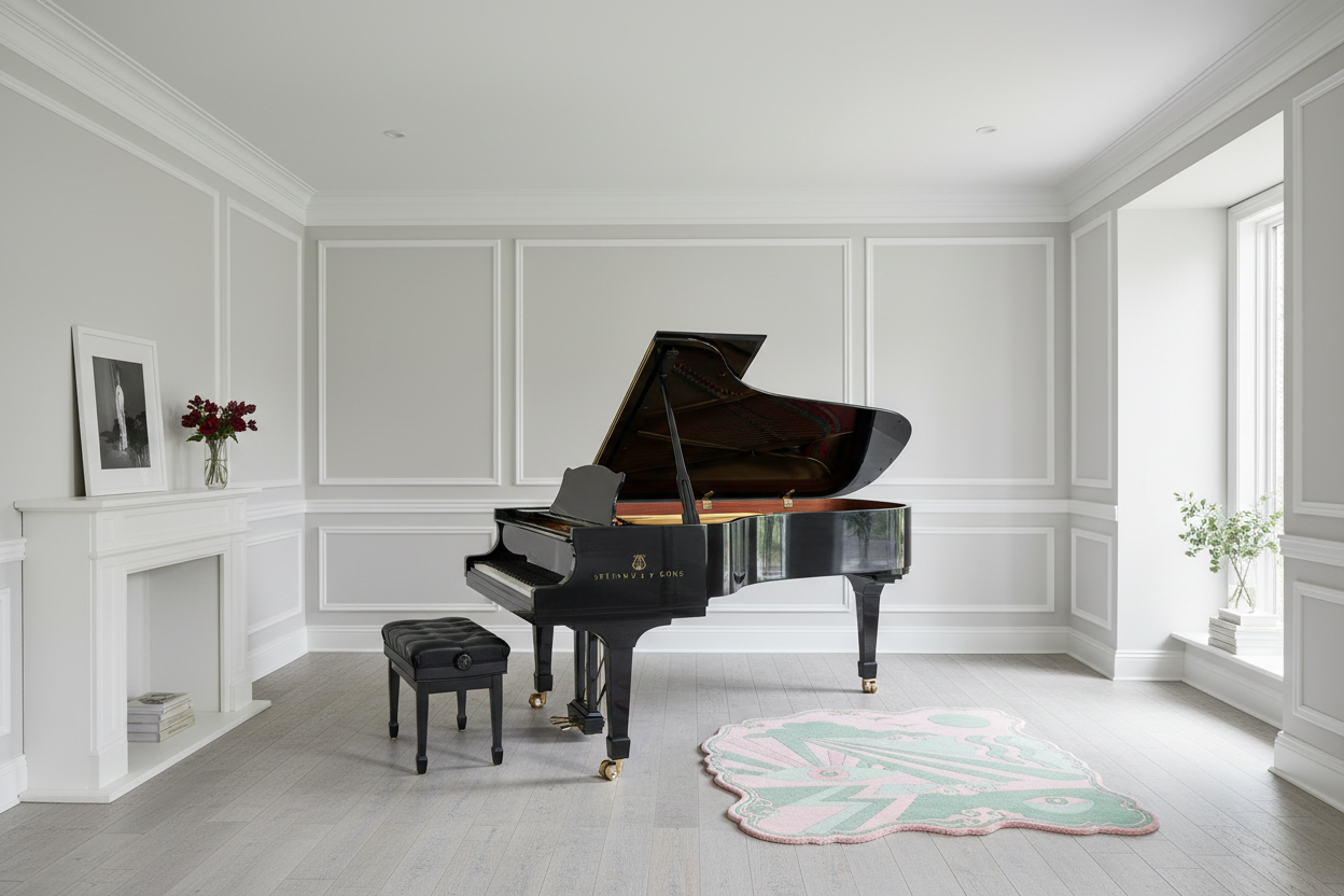 Black grand piano in a white room with decorative rug
