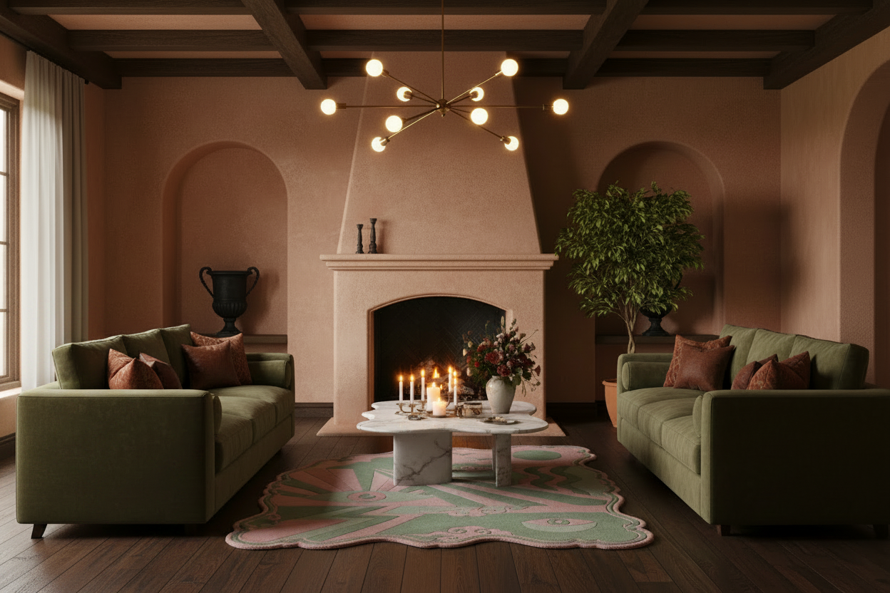 Cozy living room with green rug, sofas, a fireplace, and decorative items.