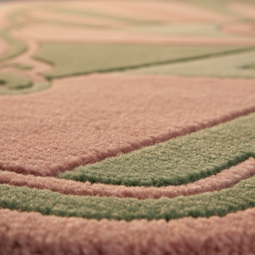 Close-up of a plush textured rug with layered abstract shapes in dusty pink and sage green.