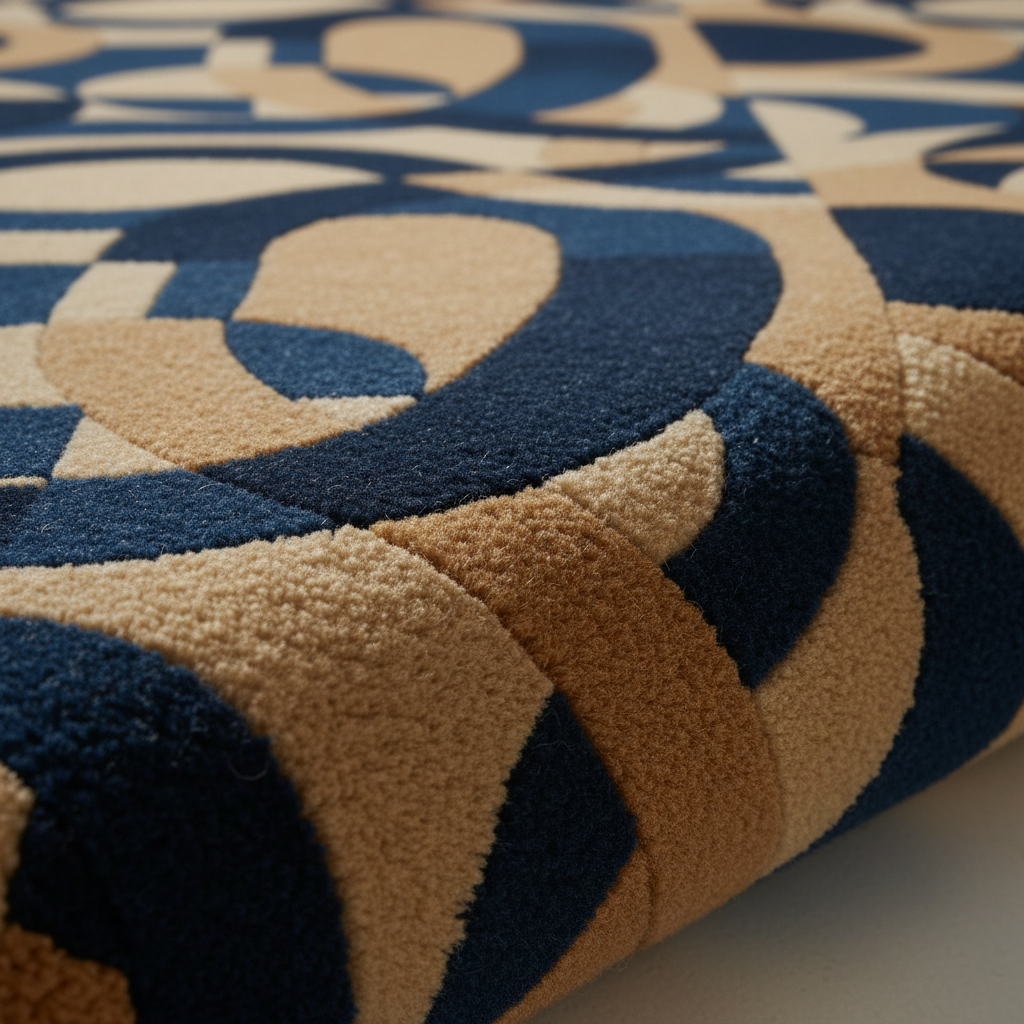 Close-up of a plush area rug with a bold abstract geometric pattern in navy blue and warm beige, showing the soft pile texture and rolled edge.