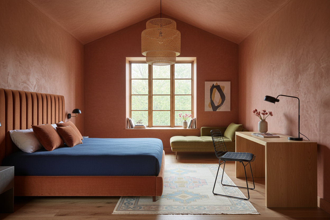 Modern bedroom with a bed, rug, desk, and window.