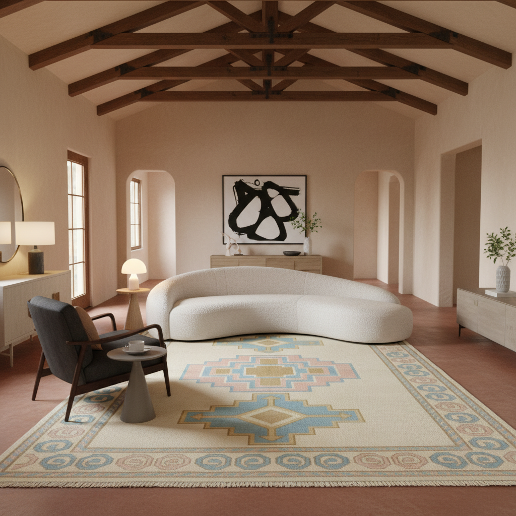 A large cream-colored area rug with a blue, beige, and orange geometric Southwestern pattern is displayed in a spacious, modern living room with a curved white sofa, dark wood ceiling beams, and a dark gray accent chair.