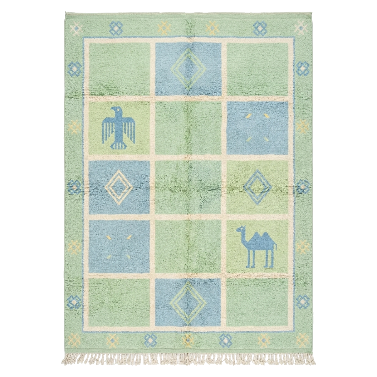Rug with geometric patterns and animal illustrations on a light green background
