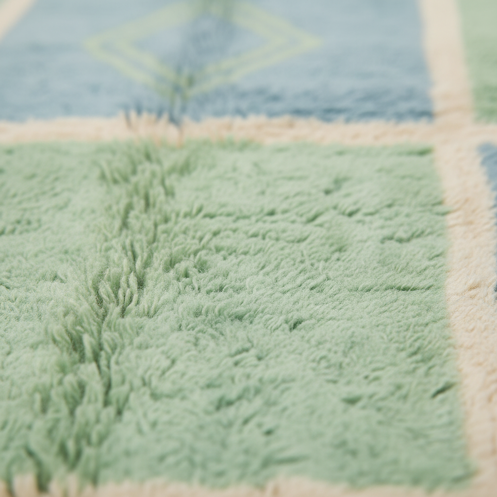 Close-up of a soft plush rug with a patchwork design, featuring a light green shaggy section, a dusty blue section with a faint diamond pattern, and cream-colored borders.