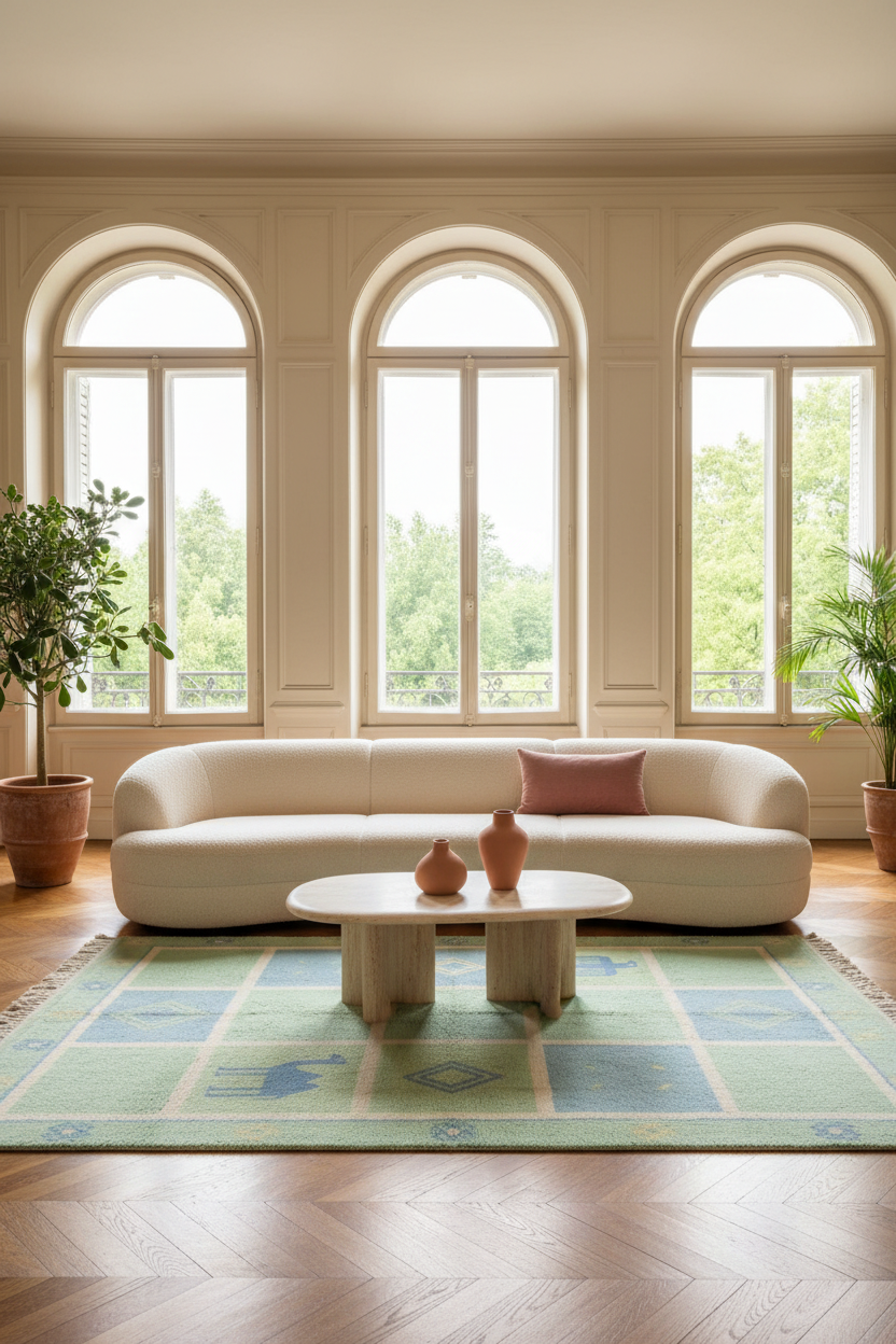 Modern living room with a white sofa, green shaggy rug, coffee table, and decorative vases in front of large windows.
