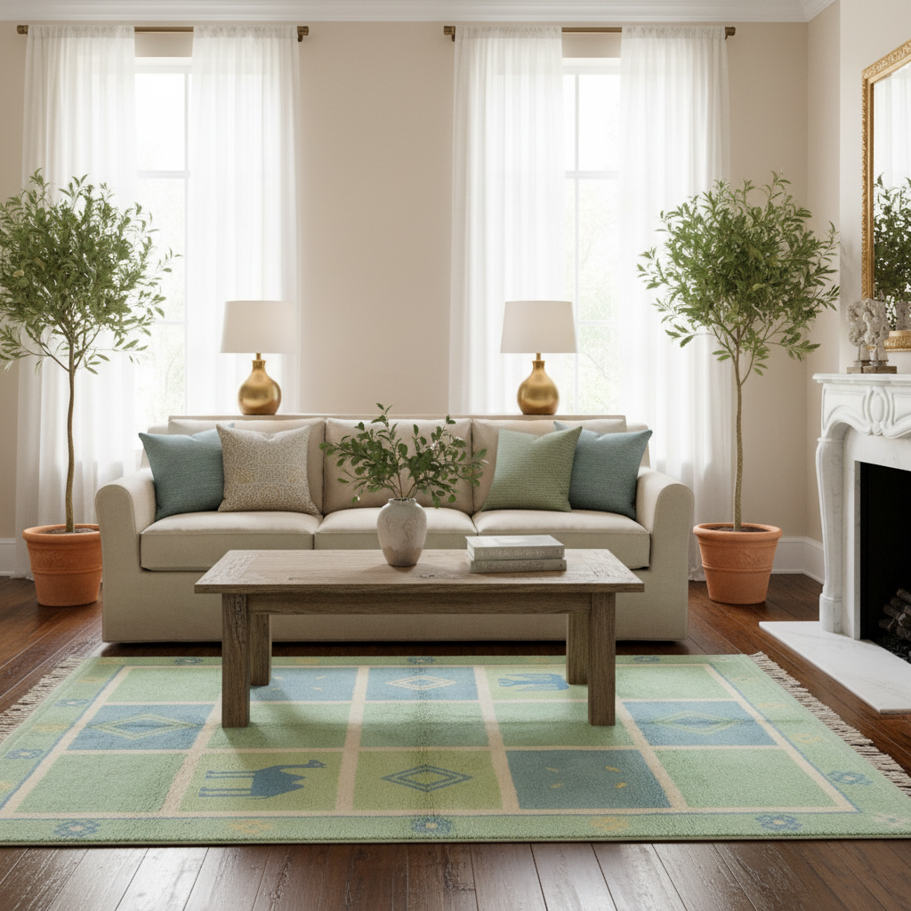 A styled living room featuring a light green and blue geometric patterned area rug on a dark wood floor, with a beige sofa, wooden coffee table, and potted trees.