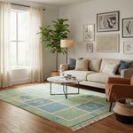 A styled living room featuring a green and blue geometric patterned area rug on a hardwood floor, next to a beige sofa, a potted fiddle-leaf fig, and framed wall art.