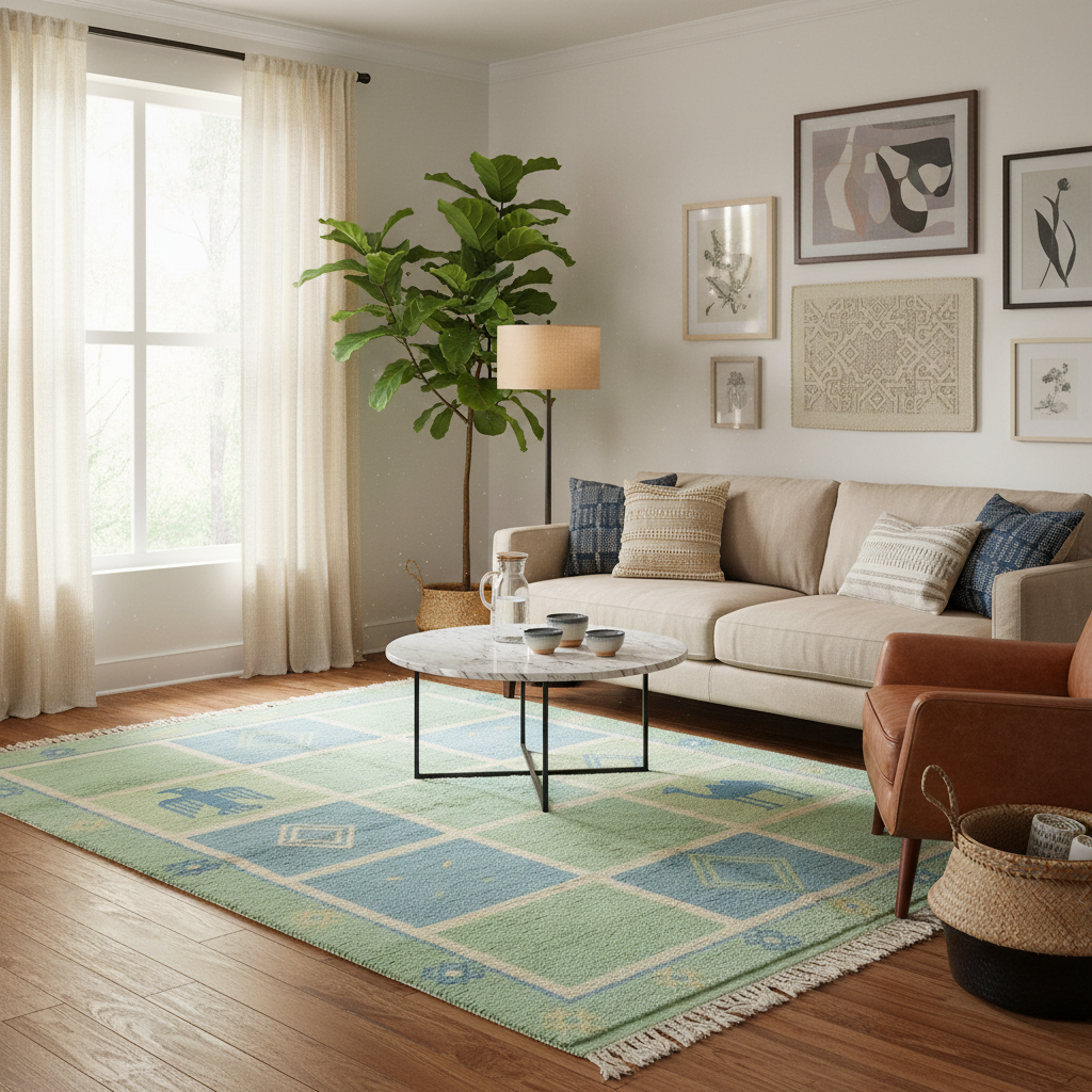 A styled living room featuring a green and blue geometric patterned area rug on a hardwood floor, next to a beige sofa, a potted fiddle-leaf fig, and framed wall art.